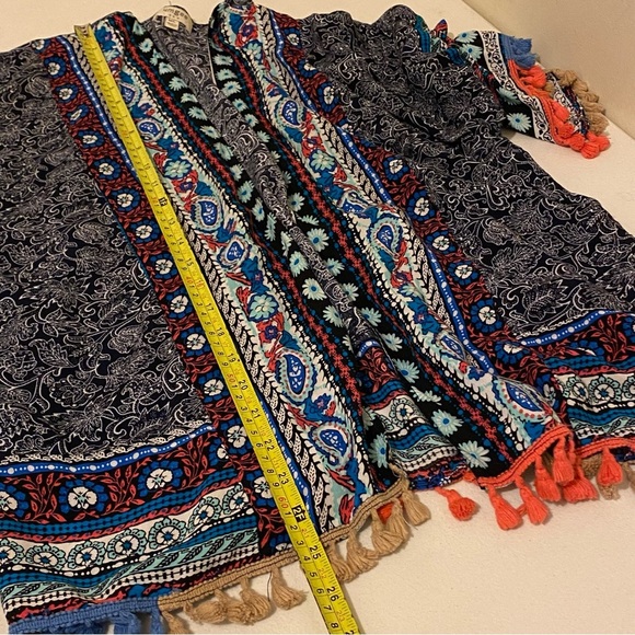 Umgee Size M/L Women’s Multicolor Ruffle Sleeve Open Front Flowy Kimono Tassels - Picture 9 of 9